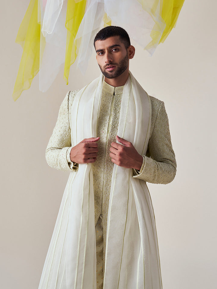 Lime Silk Hand Embroidered Sherwani Set (MW KT 19, MW SHERWANI 02)