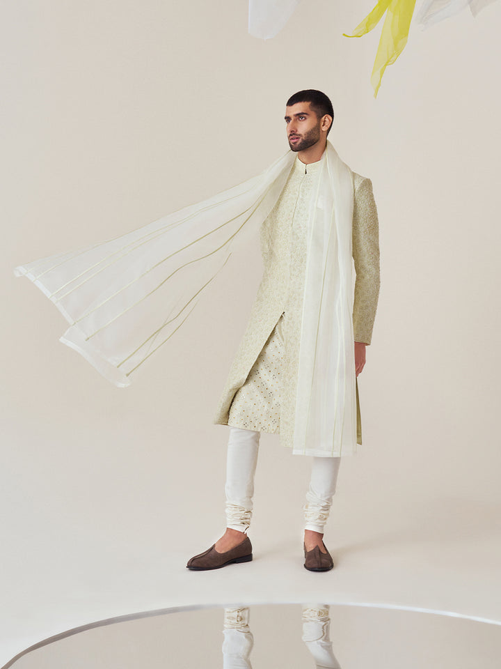 Lime Silk Hand Embroidered Sherwani Set (MW KT 19, MW SHERWANI 02)