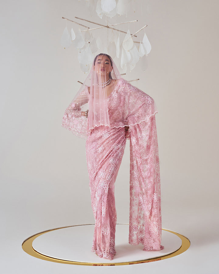 Elegant Bridal Ensemble: Intricately Embroidered Saree with Blouse & Head Veil (MZ SR 06)