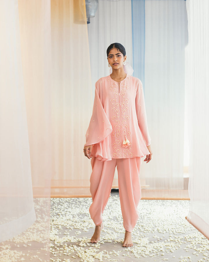CRYSTAL ROSE  CAPE KURTI WITH COWL DHOTI SET (SW09)