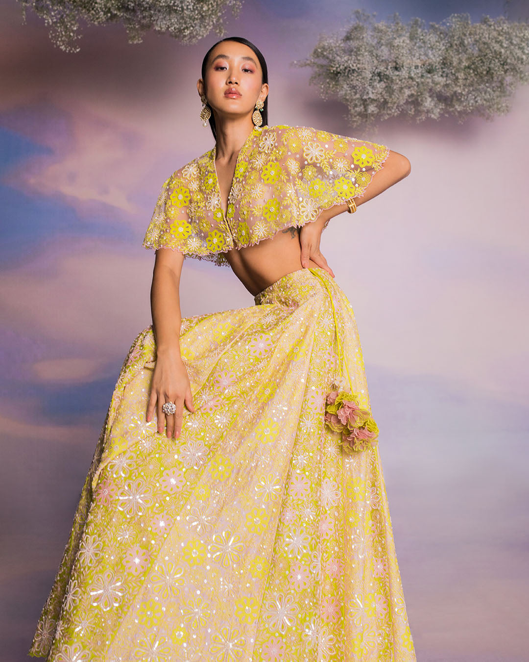 SPRING GREEN AND PINK FLORAL LEHENGA WITH CAPE BLOUSE(MZLH07)