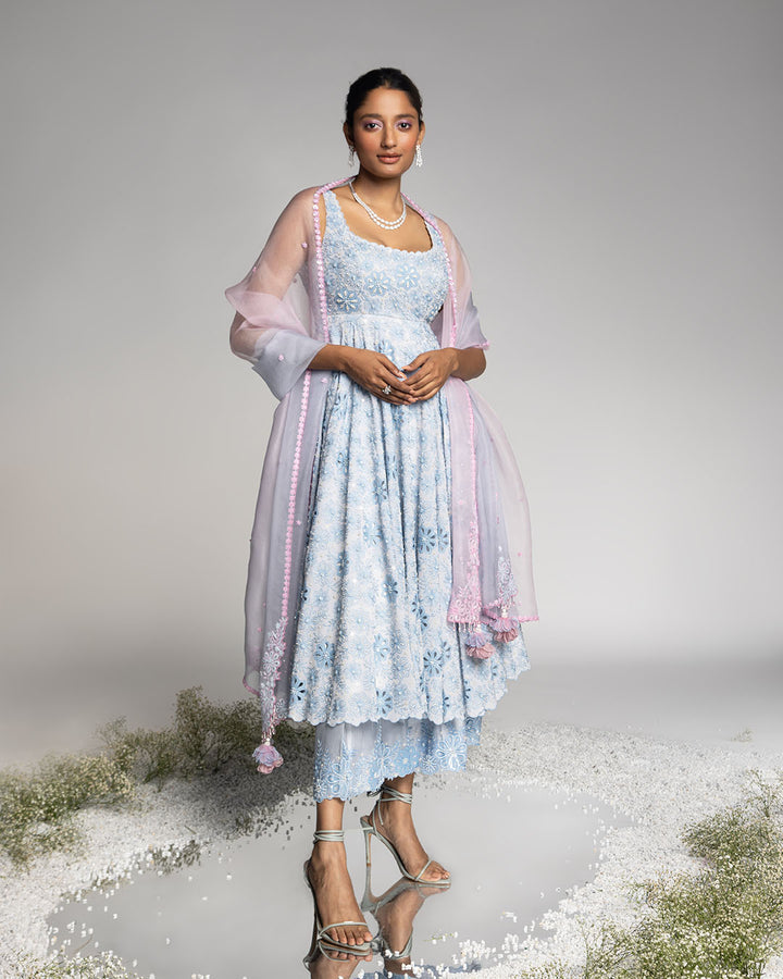 FULLY EMBROIDERED POWDER BLUE ANARKALI  SET (MZANK04)