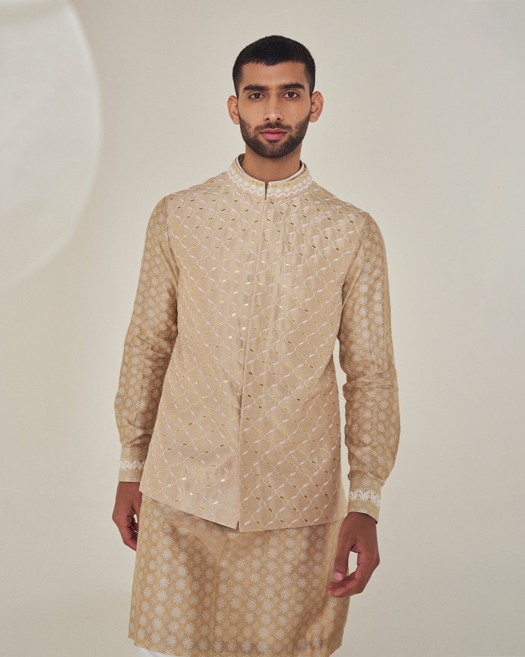 Biscuit Floral Block Printed Kurta & Waistcoat Set (MW KT 31, MZ MW WC 03)