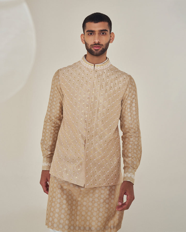 Biscuit Floral Block Printed Kurta & Waistcoat Set (MW KT 31, MZ MW WC 03)