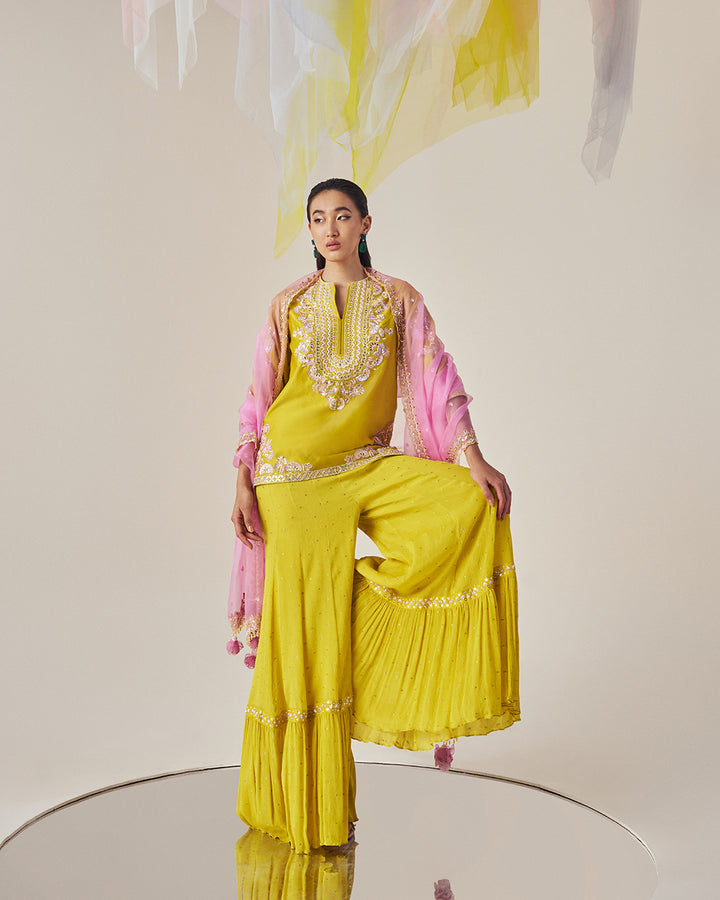 Olive Silk Kurta Set: Hand embroidered Detailing with Sharara & Matching Dupatta