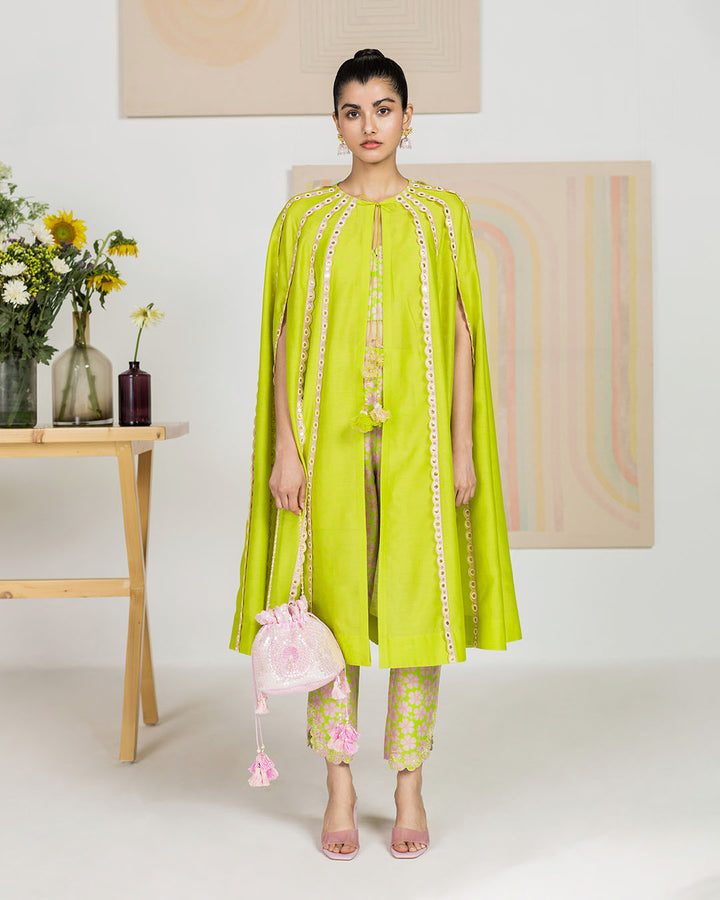 Spring Green Silk Chanderi Cape Set (jnpl 25)