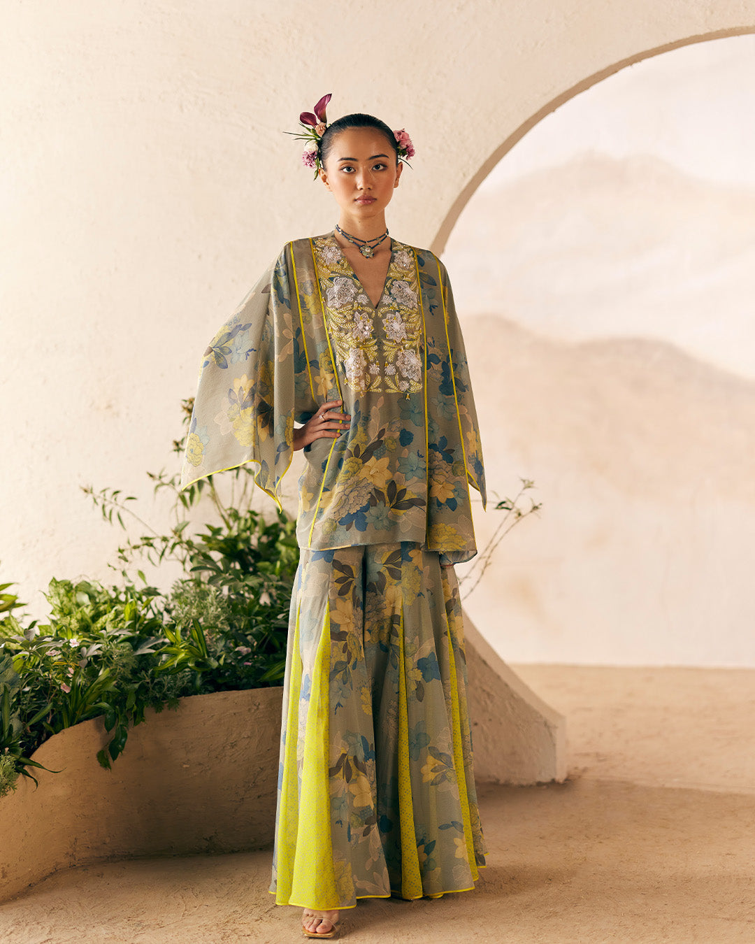 oriental bloom relaxed fit kurta with polka godet sharara