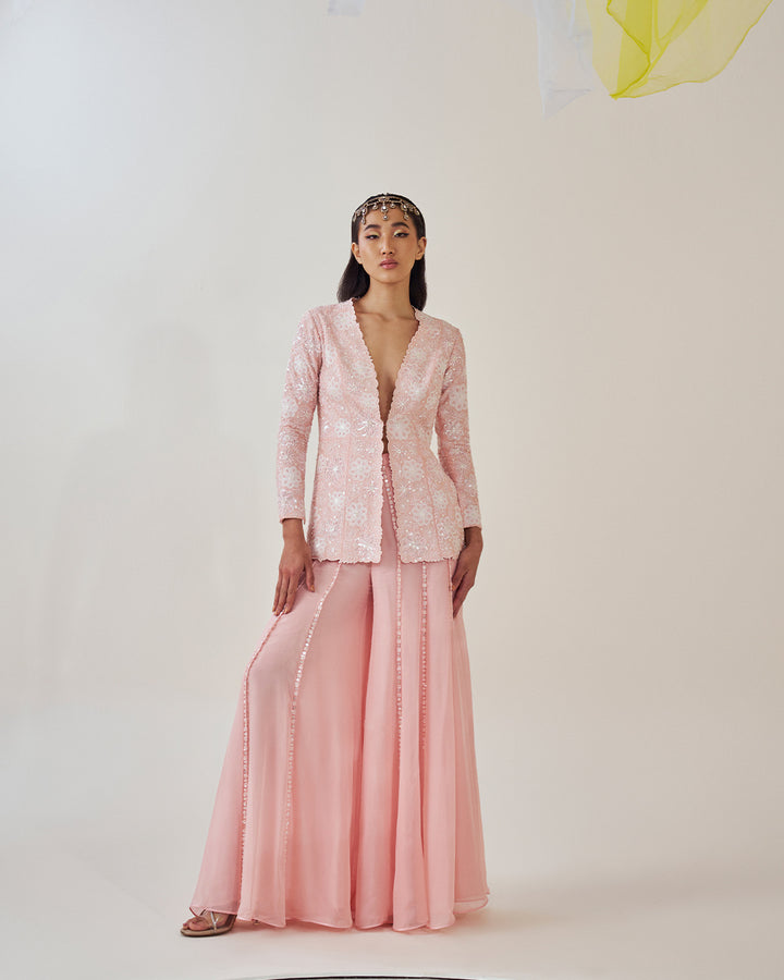 Silk Chanderi Hand Embroidered Jacket & Silk Sharara Set