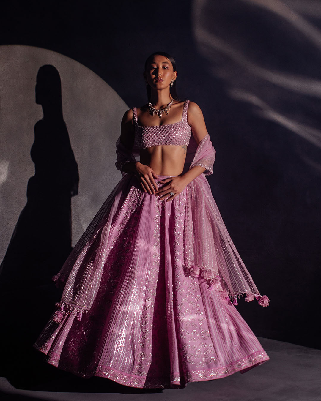 LILAC AND SILVER HAND EMBROIDERED LEHENGA SET (MZLH06)