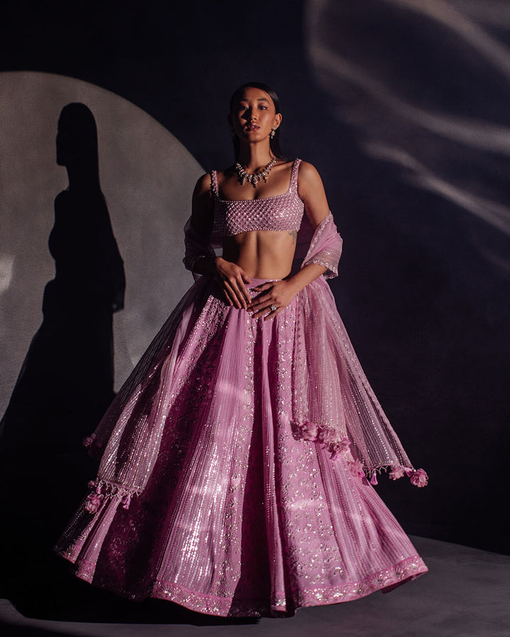 LILAC AND SILVER HAND EMBROIDERED LEHENGA SET (MZLH06)