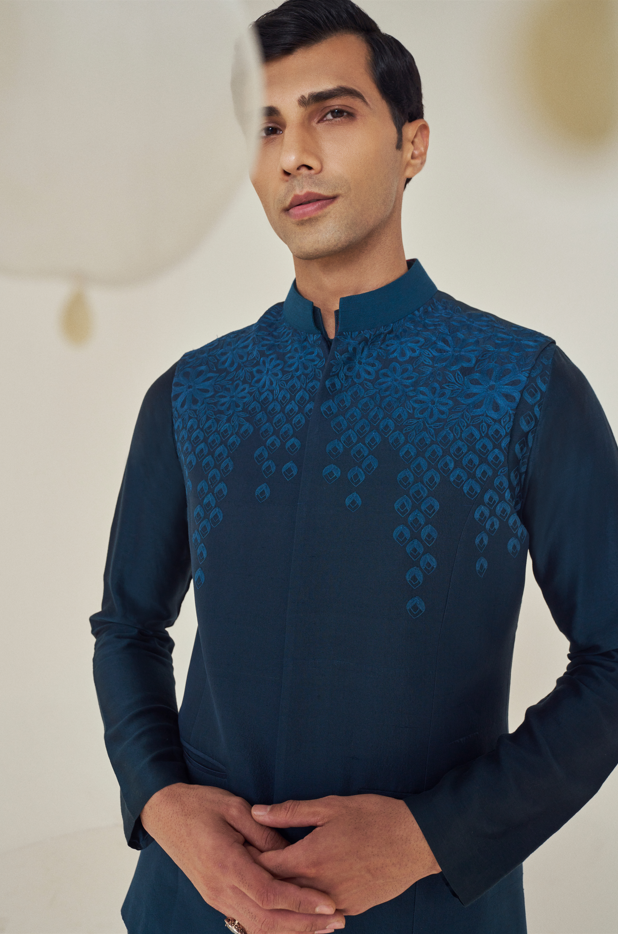 Nightsky SIlk Chanderi Embroidered Kurta & Waistcoat Set (MW KT 02, MW WC 21)