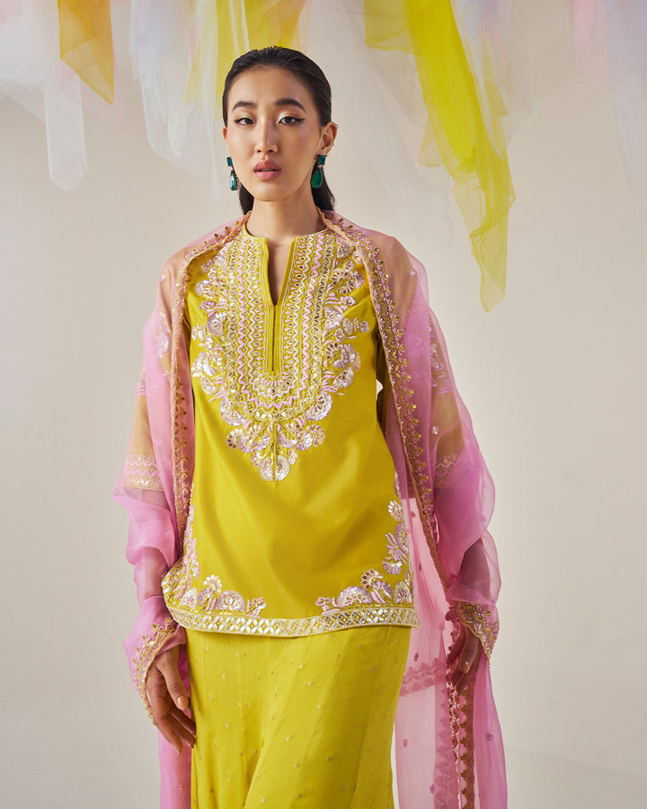 Olive Silk Kurta Set: Hand embroidered Detailing with Sharara & Matching Dupatta