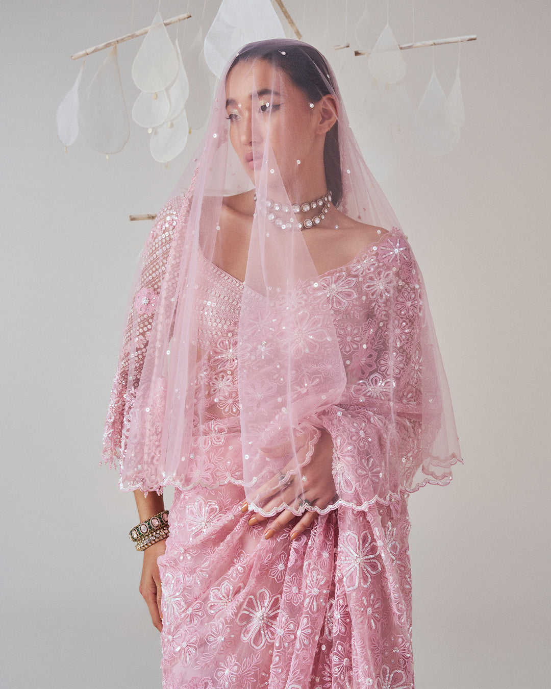 Elegant Bridal Ensemble: Intricately Embroidered Saree with Blouse & Head Veil (MZ SR 06)