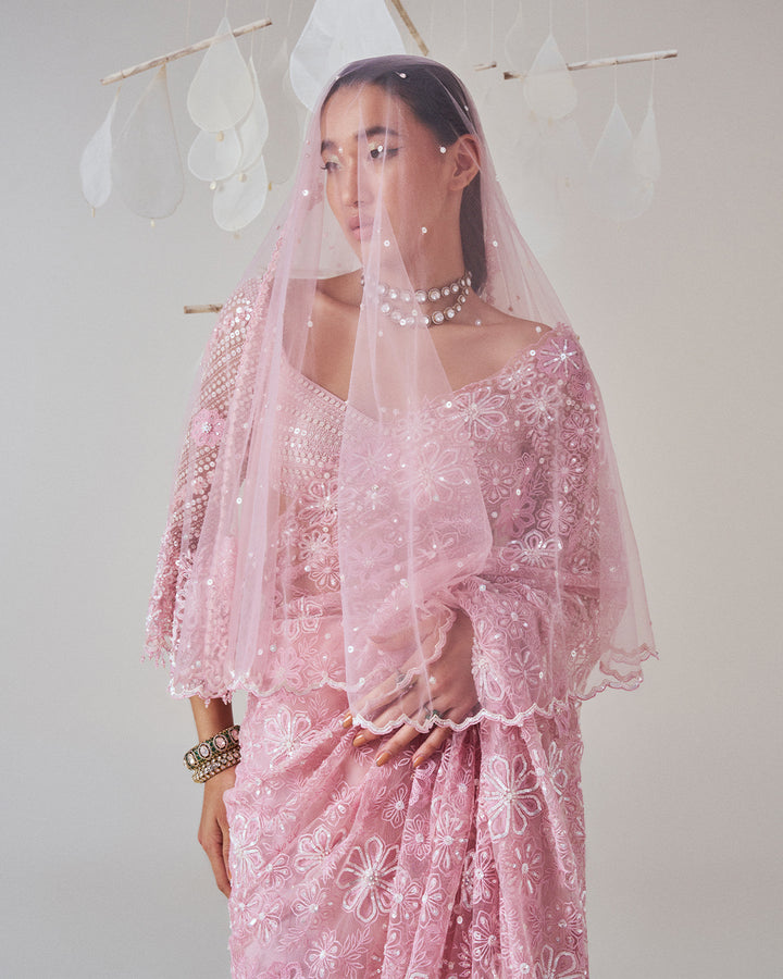 Elegant Bridal Ensemble: Intricately Embroidered Saree with Blouse & Head Veil (MZ SR 06)
