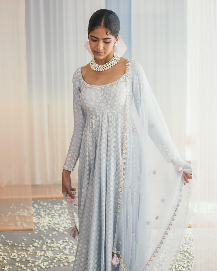 POWDER BLUE SILK BLOCK PRINTED KALIDAR (WC01)
