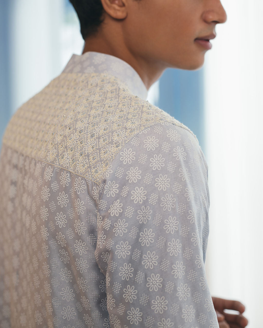 POWDER BLUE SILK PRINTED KURTA (MWKT20)