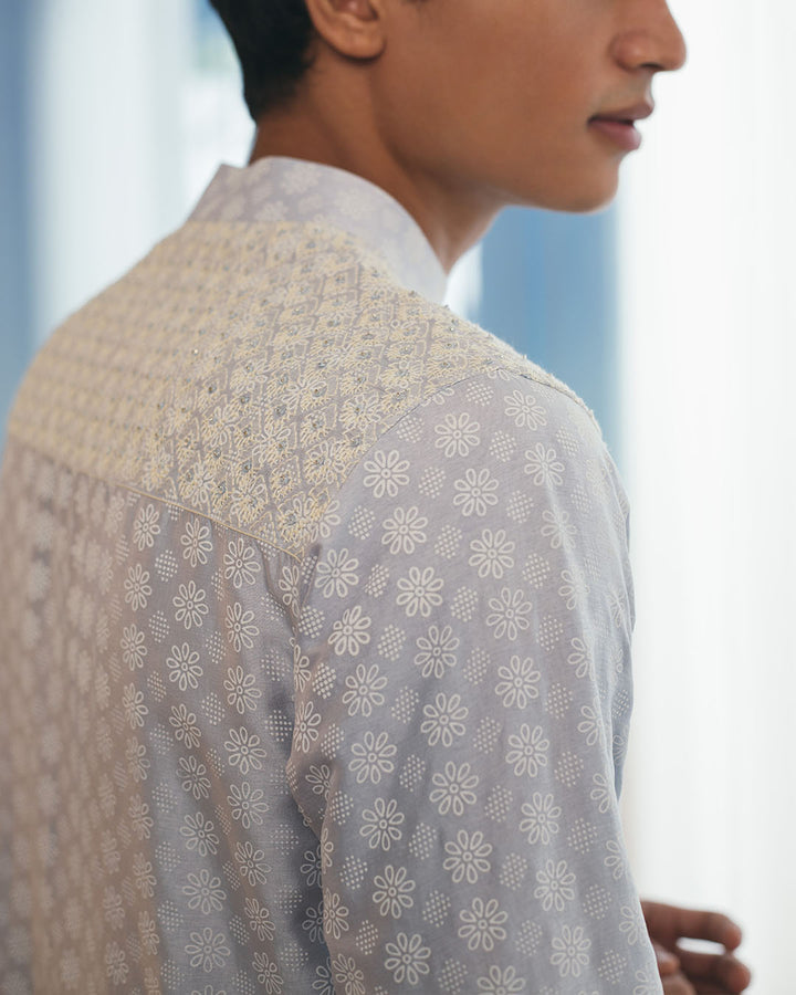 POWDER BLUE SILK PRINTED KURTA (MWKT20)