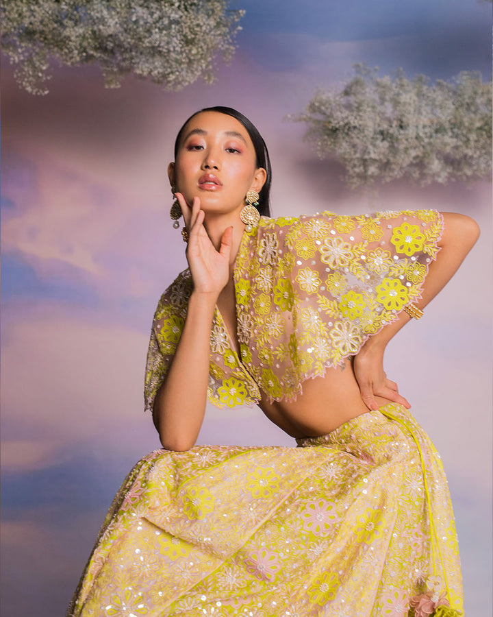 SPRING GREEN AND PINK FLORAL LEHENGA WITH CAPE BLOUSE(MZLH07)