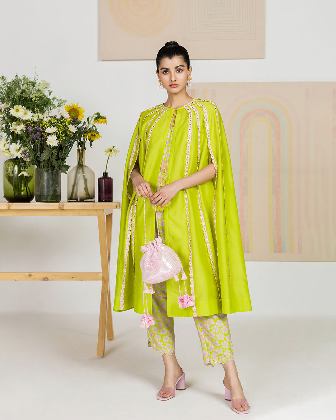 Spring Green Silk Chanderi Cape Set (jnpl 25)