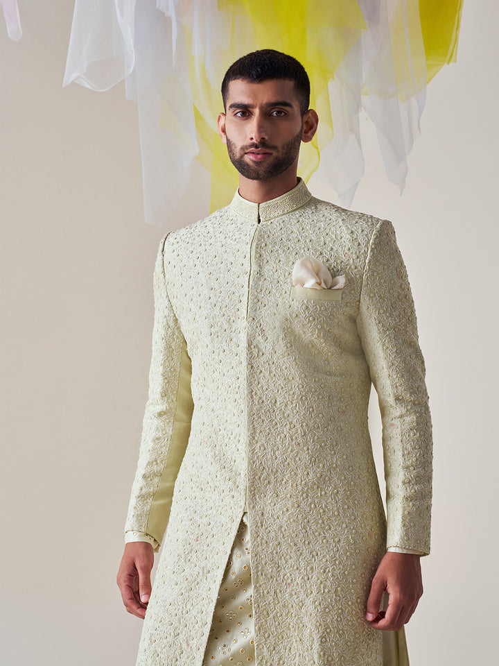 Lime Silk Hand Embroidered Sherwani Set (MW KT 19, MW SHERWANI 02)