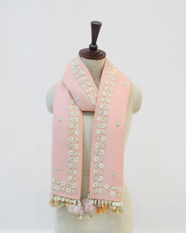 Shimmering Pashmina Shawl with Floral Embellishment and Shell Accents