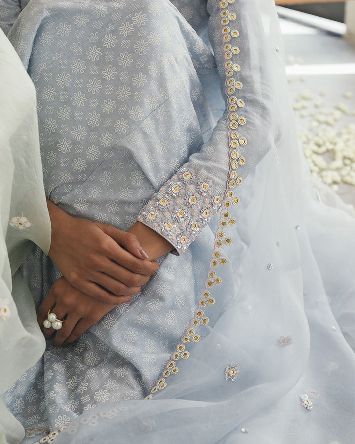POWDER BLUE SILK BLOCK PRINTED KALIDAR (WC01)