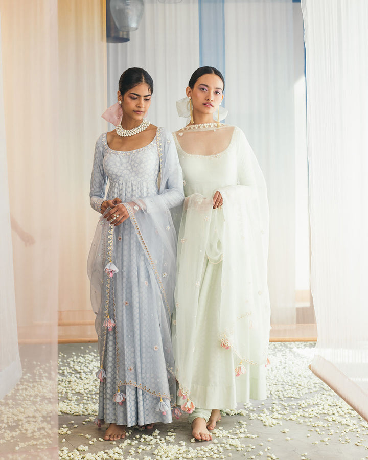 POWDER BLUE SILK BLOCK PRINTED KALIDAR (WC01)