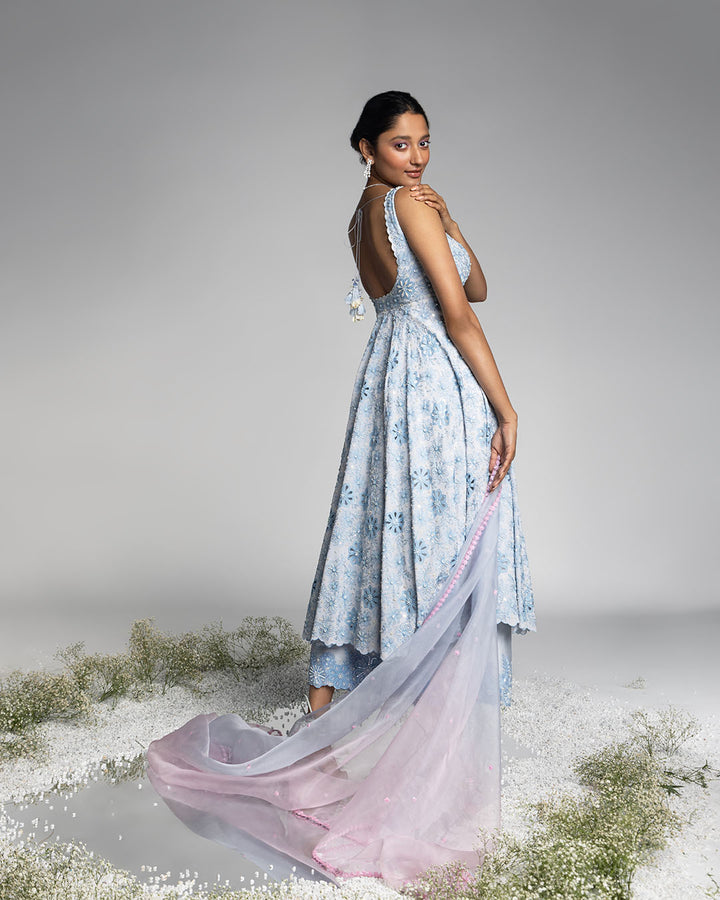 FULLY EMBROIDERED POWDER BLUE ANARKALI  SET (MZANK04)