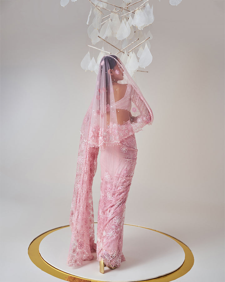 Elegant Bridal Ensemble: Intricately Embroidered Saree with Blouse & Head Veil (MZ SR 06)