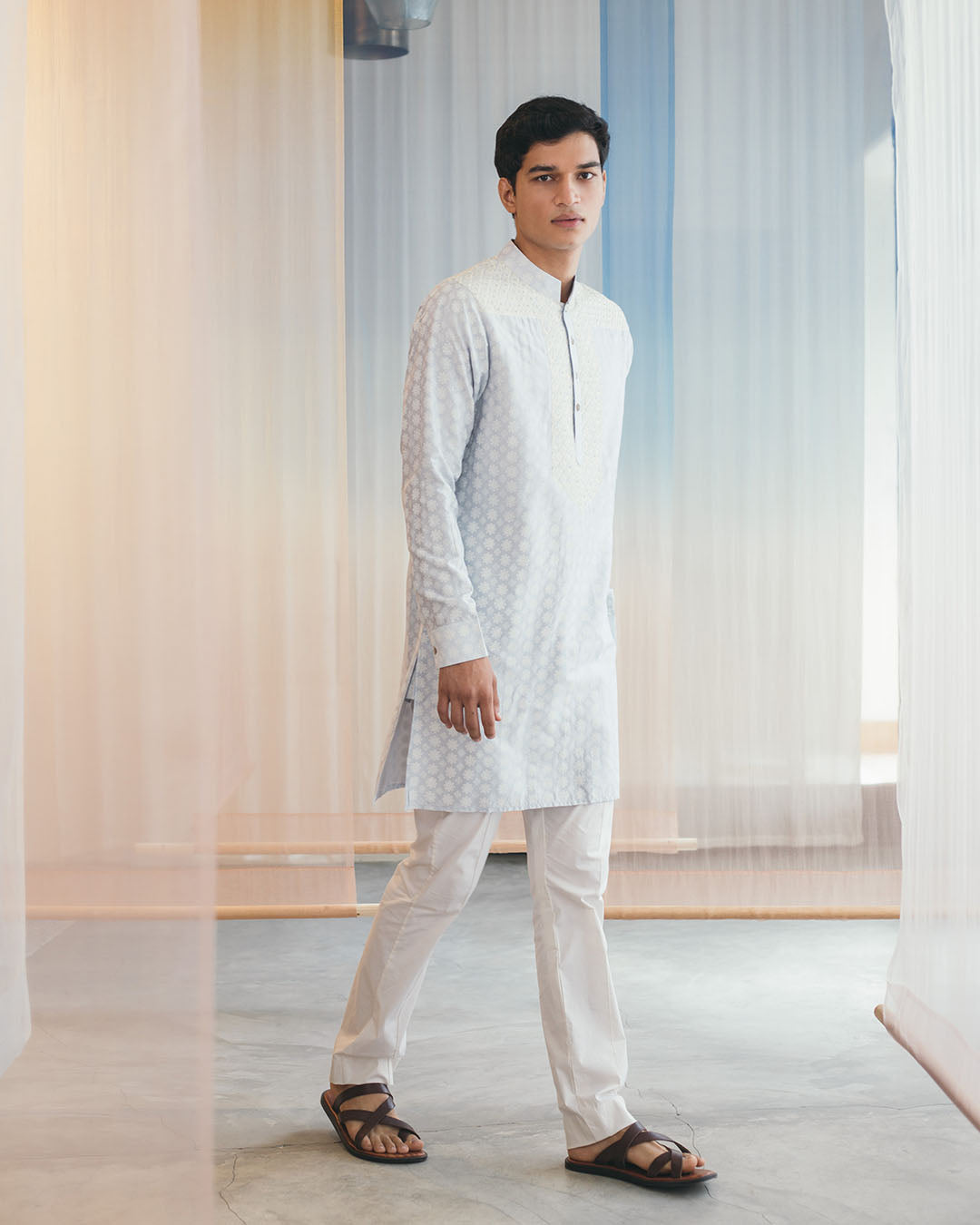 POWDER BLUE SILK PRINTED KURTA (MWKT20)