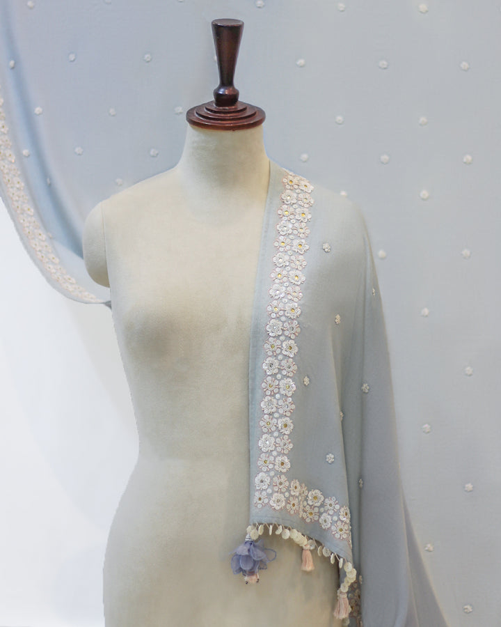 Shimmering Pashmina Shawl with Floral Embellishment and Shell Accents