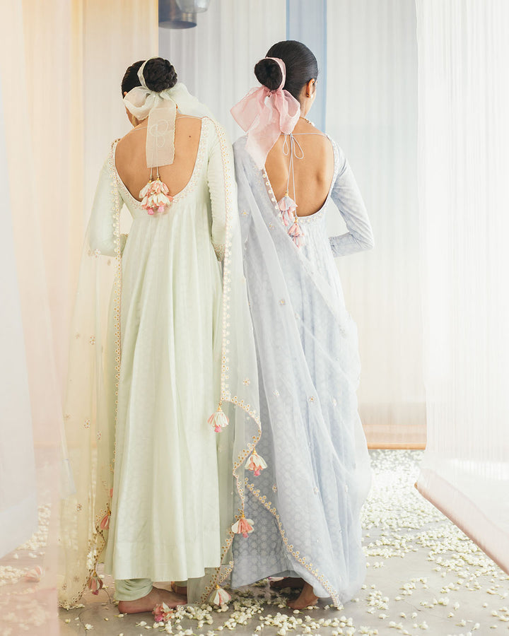 POWDER BLUE SILK BLOCK PRINTED KALIDAR (WC01)
