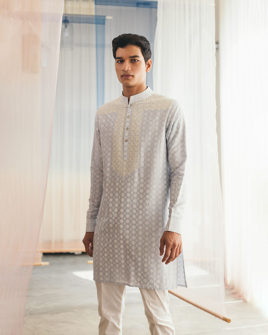POWDER BLUE SILK PRINTED KURTA (MWKT20)