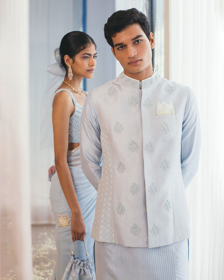 POWDER BLUE SILK HAND EMBROIDERED WAISTCOAT (MWWC11)