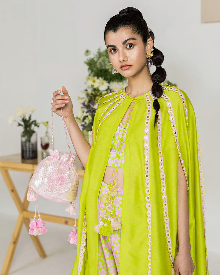 Spring Green Silk Chanderi Cape Set (jnpl 25)