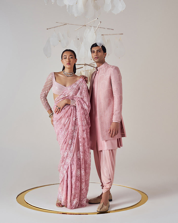 Elegant Bridal Ensemble: Intricately Embroidered Saree with Blouse & Head Veil (MZ SR 06)