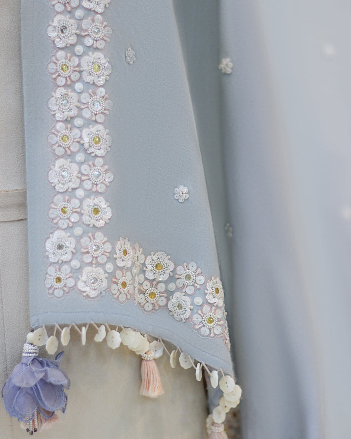 Shimmering Pashmina Shawl with Floral Embellishment and Shell Accents