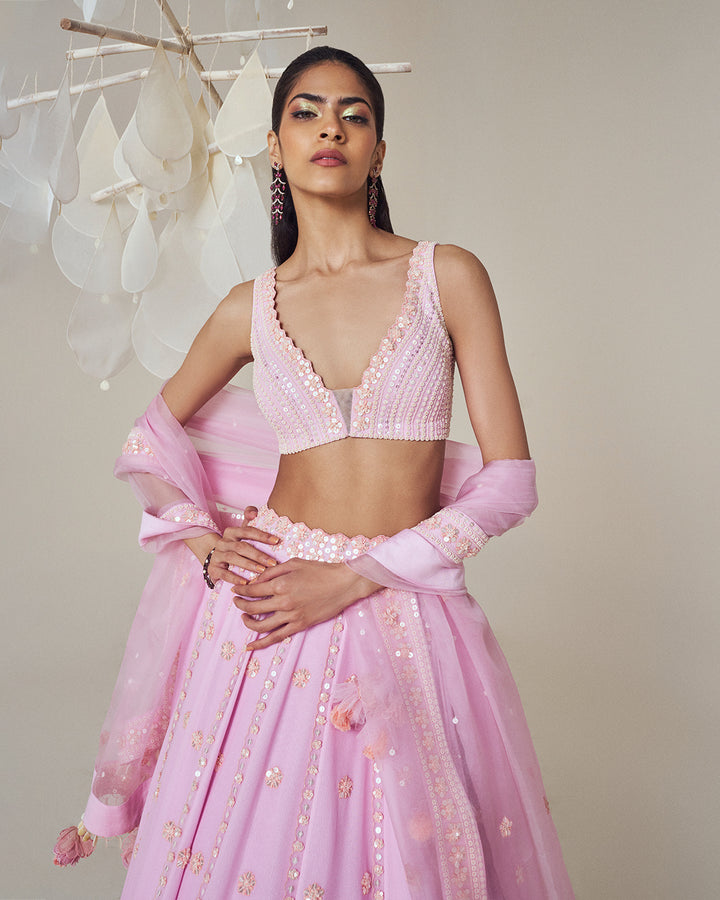 Silk Chanderi Lehenga Set: Paired with Sleeveless Silk Blouse & Silk Organza Dupatta (MZ LH 02)