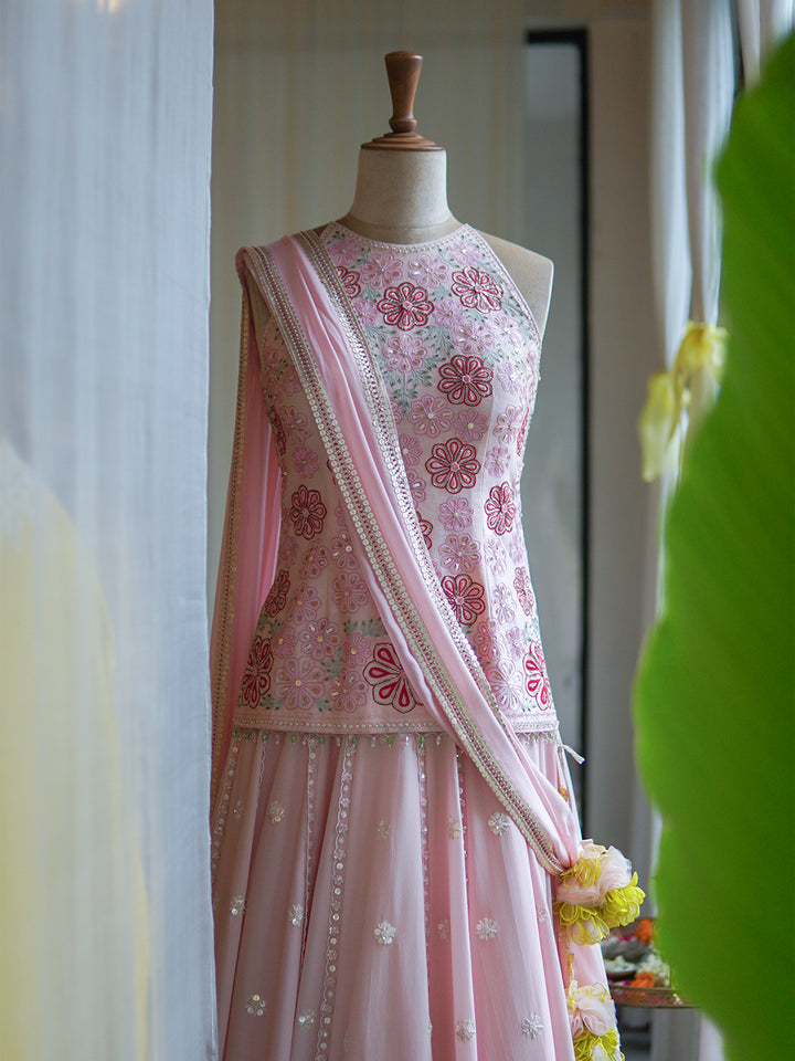 Light Pink Hand Embroidered Lehenga Set ( MZ LH 02 )