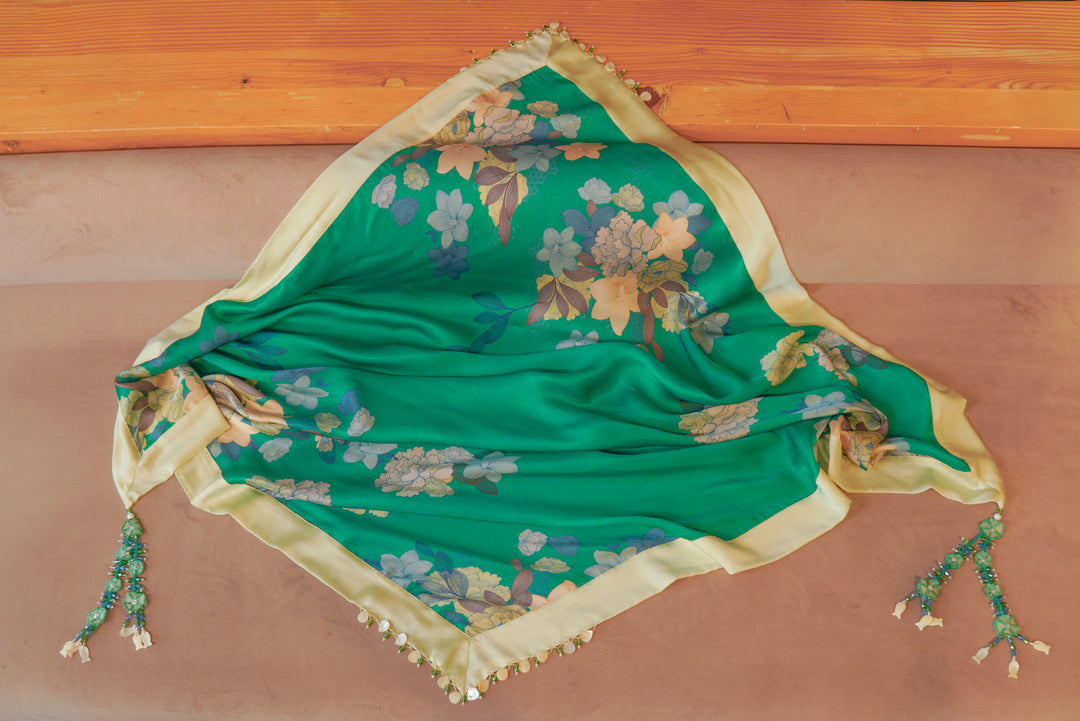 Green Floral Printed Stole with hand embroidered tassels