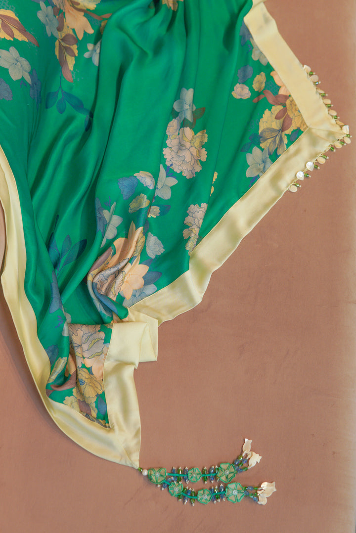 Green Floral Printed Stole with hand embroidered tassels