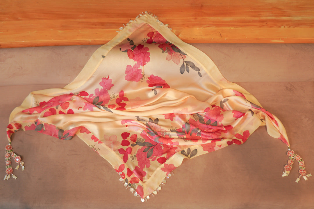 Beige Floral Printed Stole with hand embroidered tassels