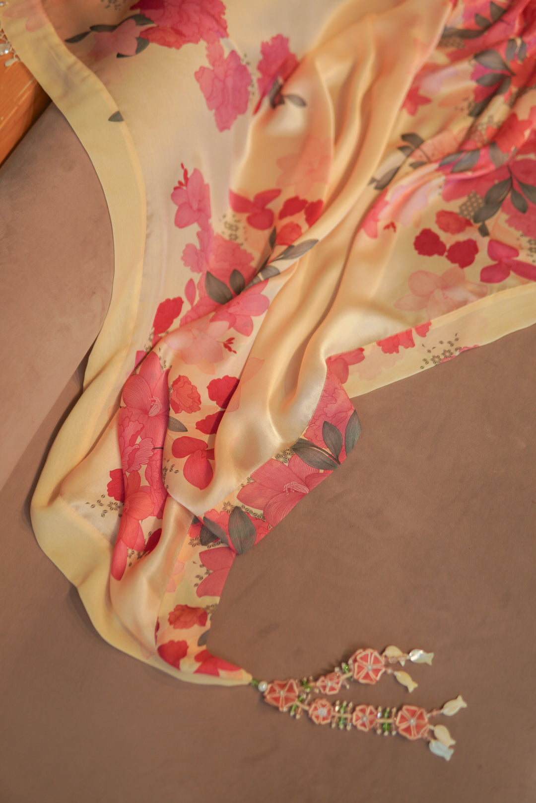 Beige Floral Printed Stole with hand embroidered tassels