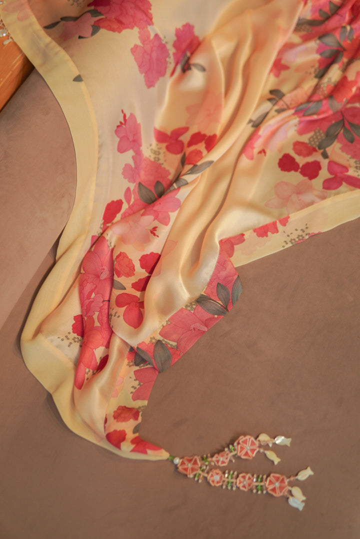 Beige Floral Printed Stole with hand embroidered tassels