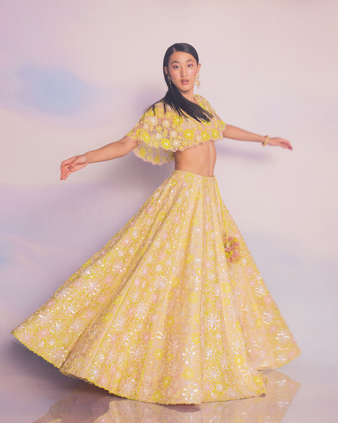 SPRING GREEN AND PINK FLORAL LEHENGA WITH CAPE BLOUSE(MZLH07)