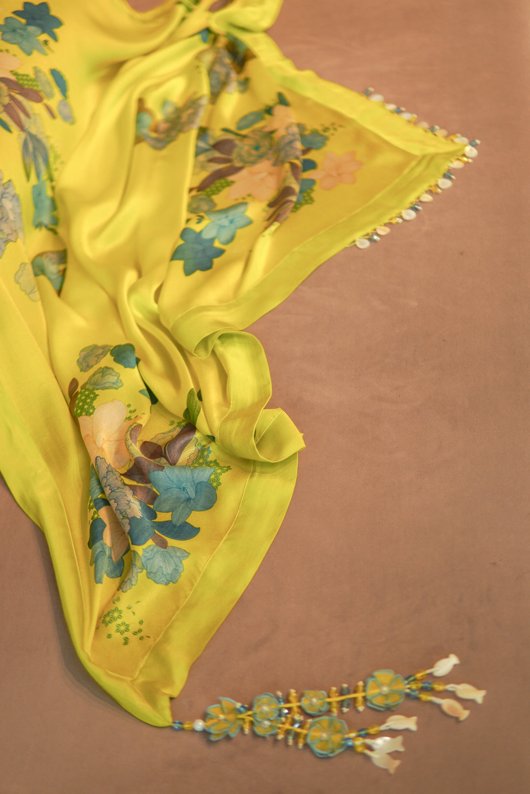 Sunshine Yellow Floral Printed Stole with hand embroidered tassels