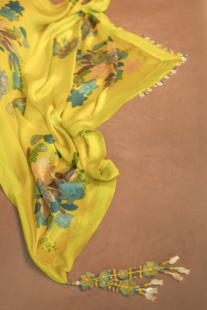 Sunshine Yellow Floral Printed Stole with hand embroidered tassels