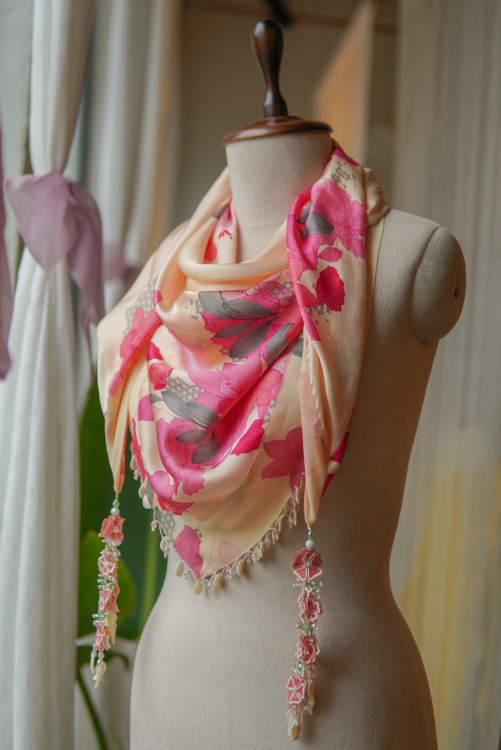 Beige Floral Printed Stole with hand embroidered tassels