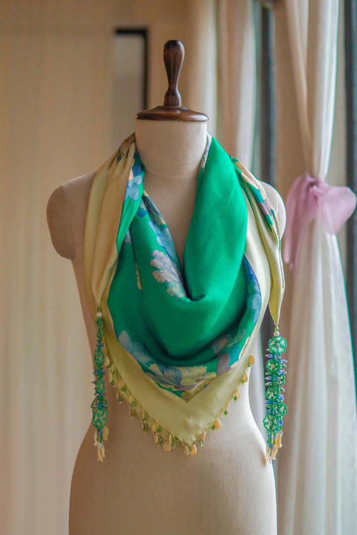 Green Floral Printed Stole with hand embroidered tassels