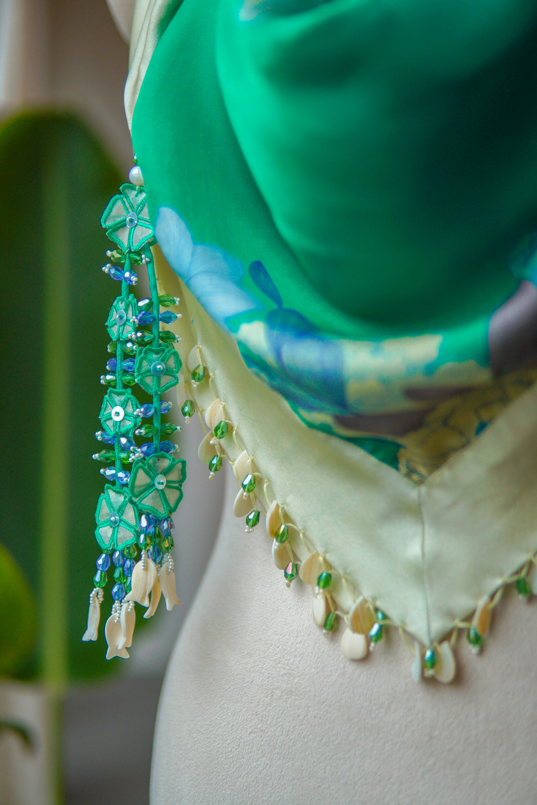 Green Floral Printed Stole with hand embroidered tassels